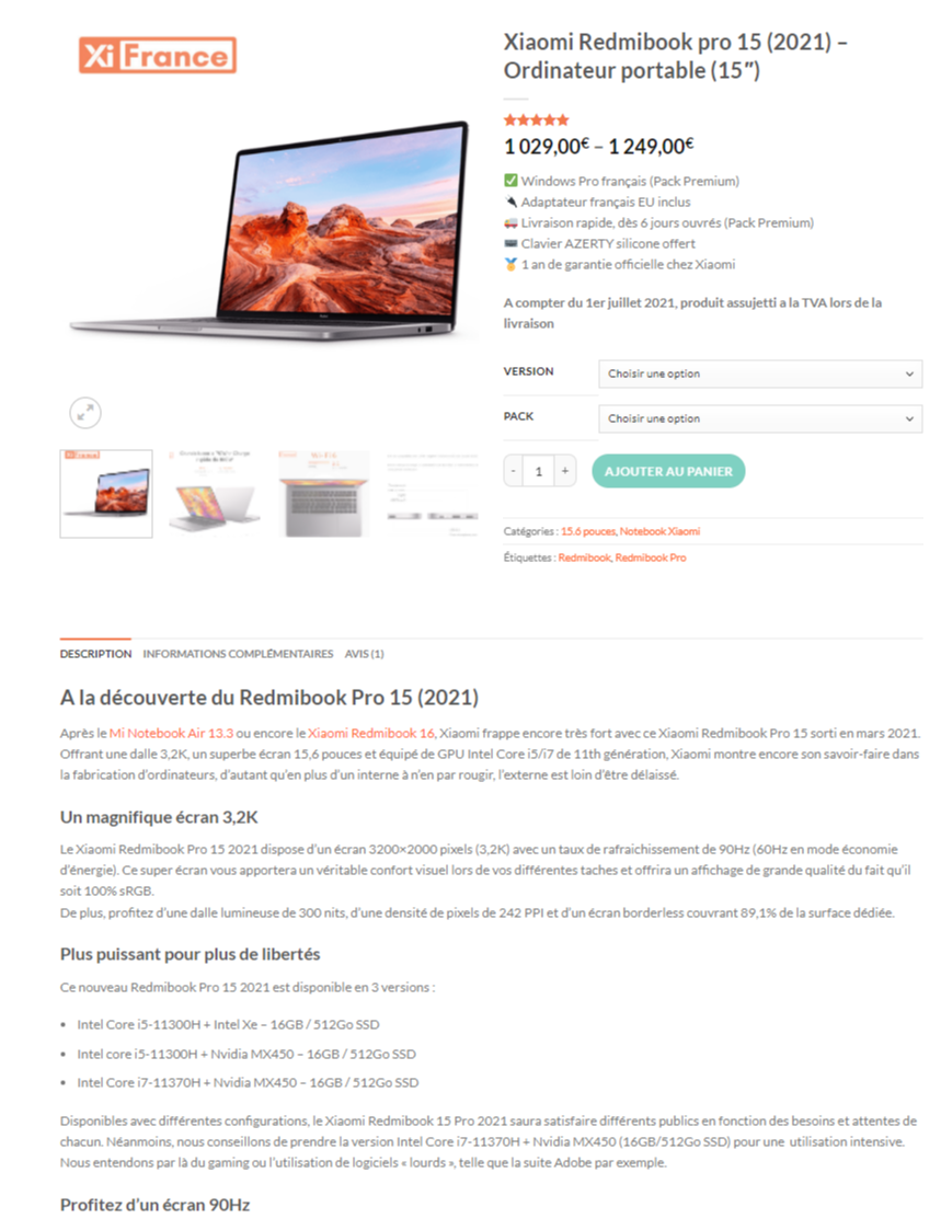 Fiche produit Xiaomi Notebook pro 15